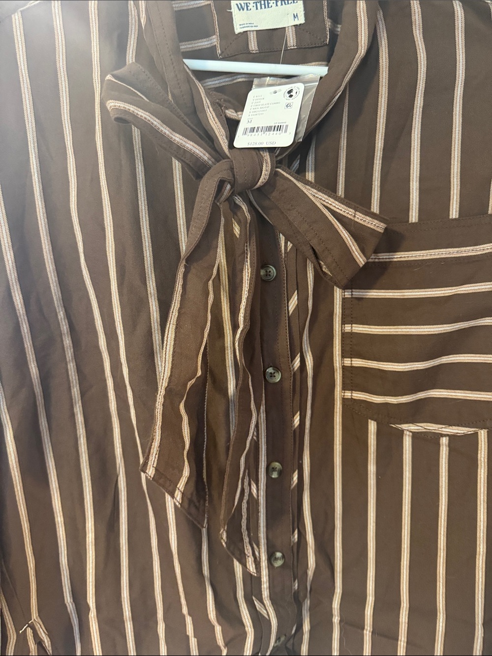 We The Free Brown and Cream Striped Tie-Neck Button-Up Shirt - Picture 6 of 6
